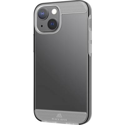 Black smartphone in a transparent protective case with a black border, two cameras on the back.
