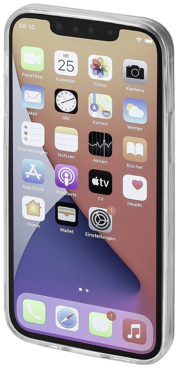Smartphone in a transparent case with display view. Several app icons such as phone, calendar, camera, and weather are visible.
