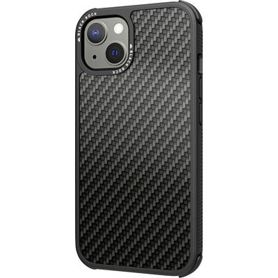 Black smartphone with structured back design in carbon fibre finish. Dual camera on the rear.