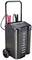 A portable battery charger on wheels with a robust casing and control elements on top, designed for easy transport and use.