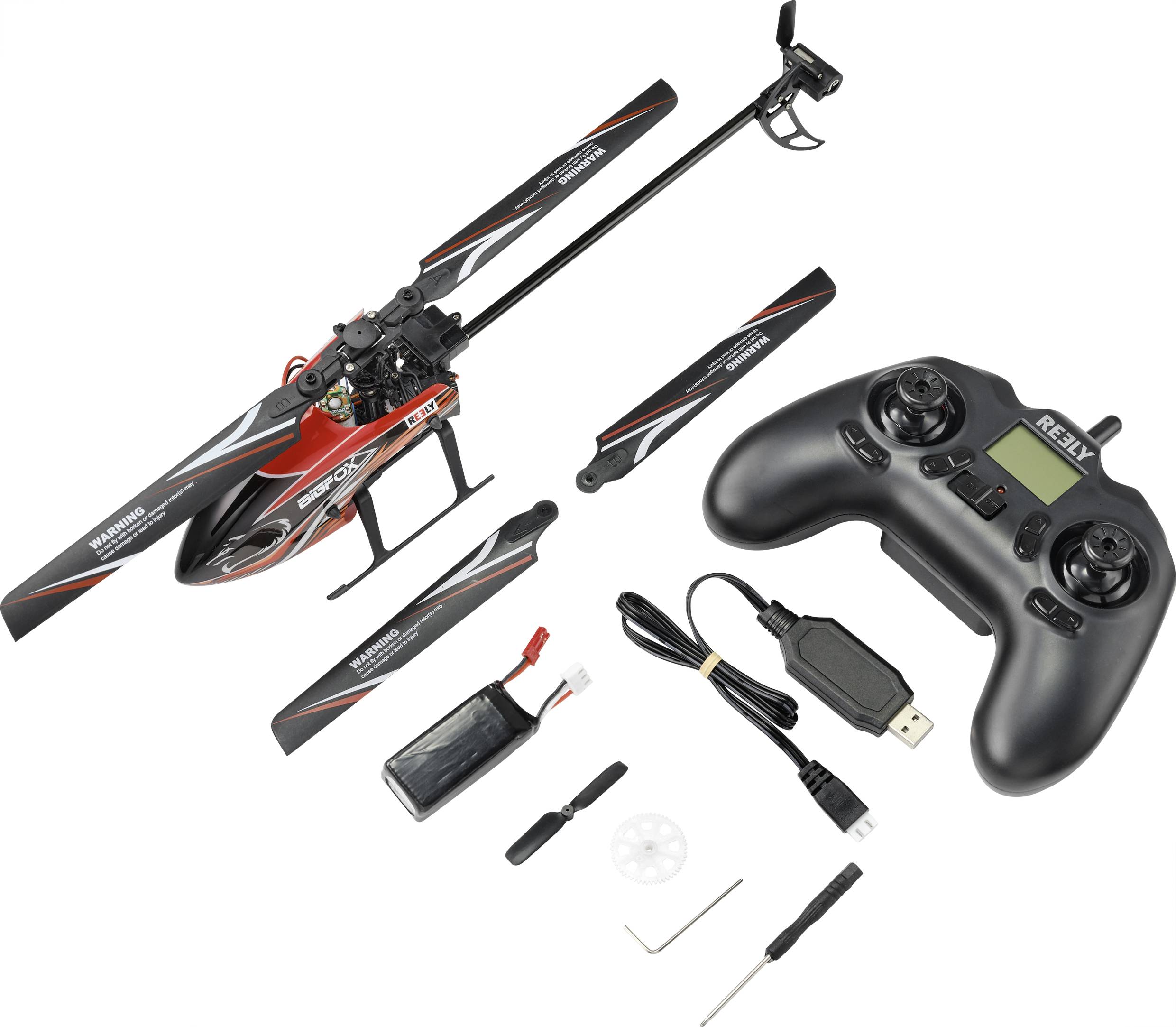 Toy Helicopter Set including Remote Control, Battery, Spare Rotor Blades, USB Charging Cable and Tools.