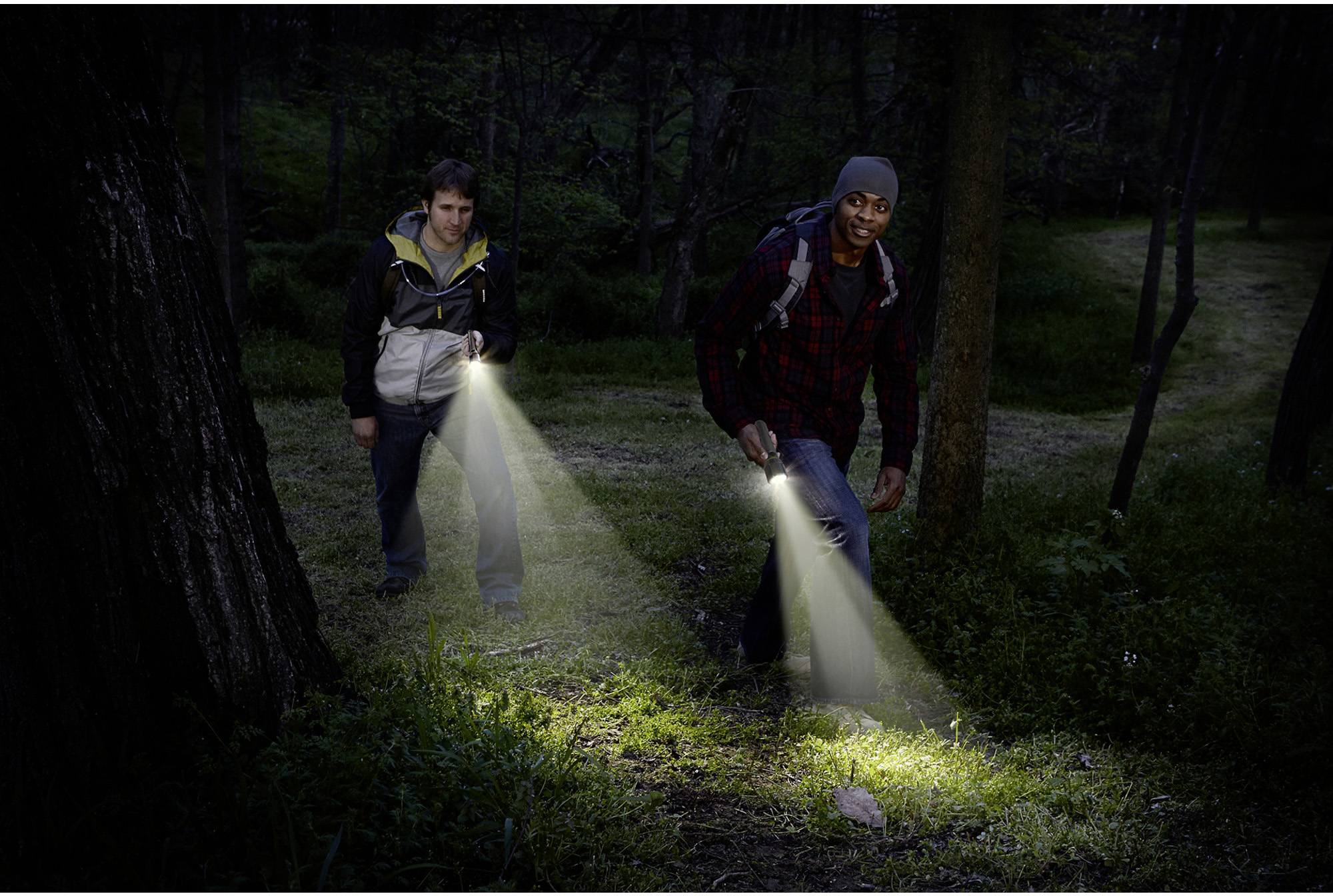 Two people walk through a forest at night, shining their torches on the ground.