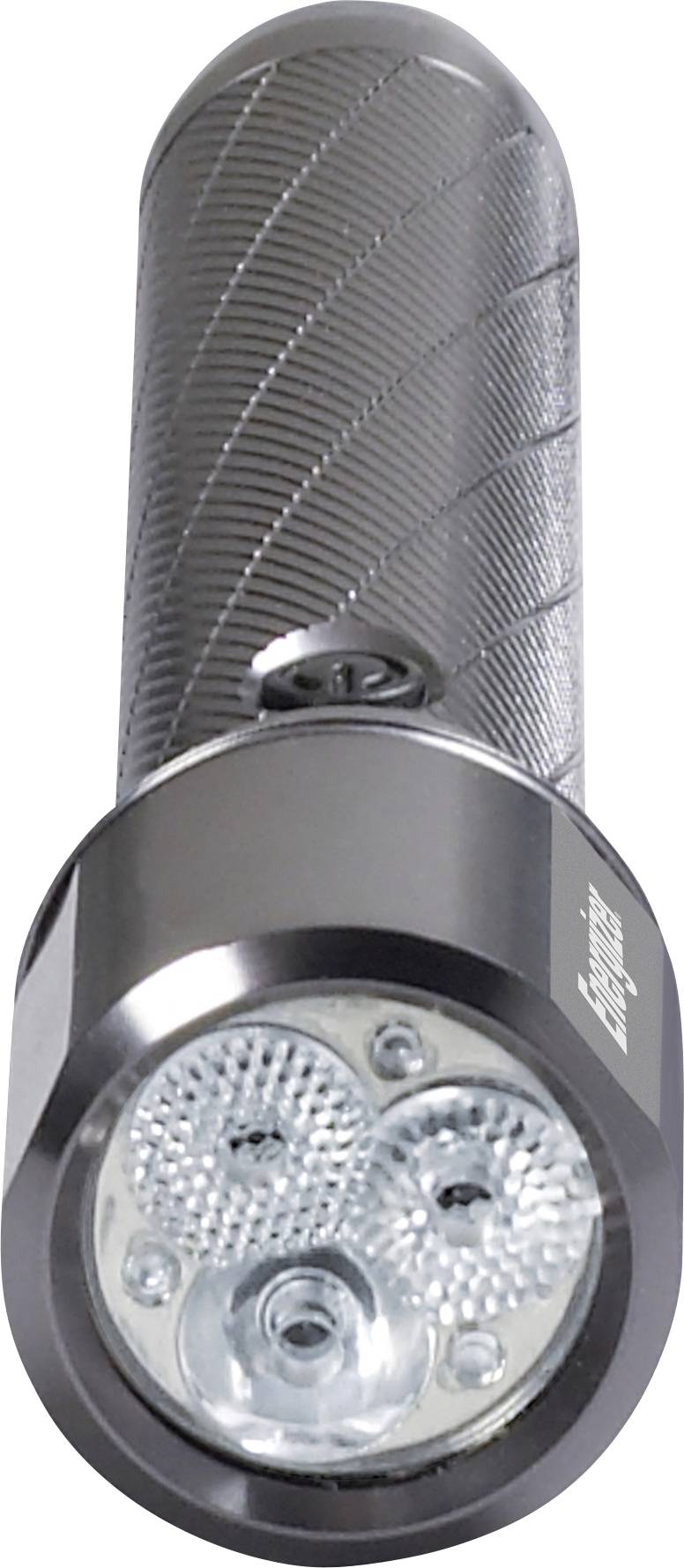 'Torch with a black, ribbed handle and three round LED lights on the front view.'