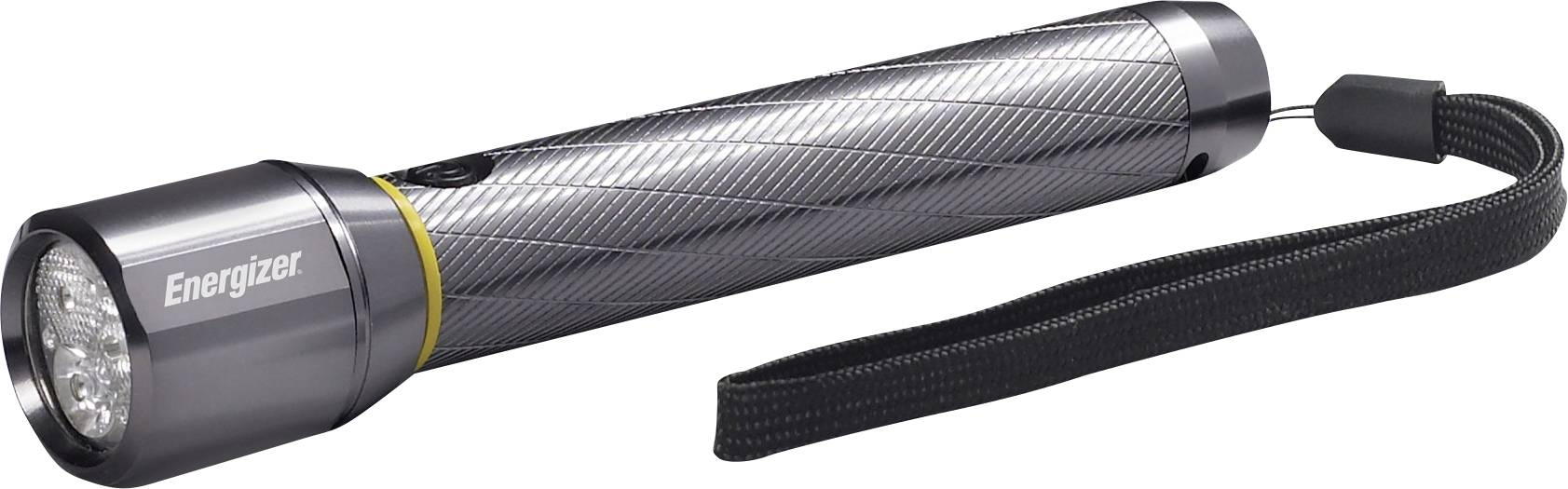 A silver torch with 'Energizer' printed on it and a black wrist strap on the side.