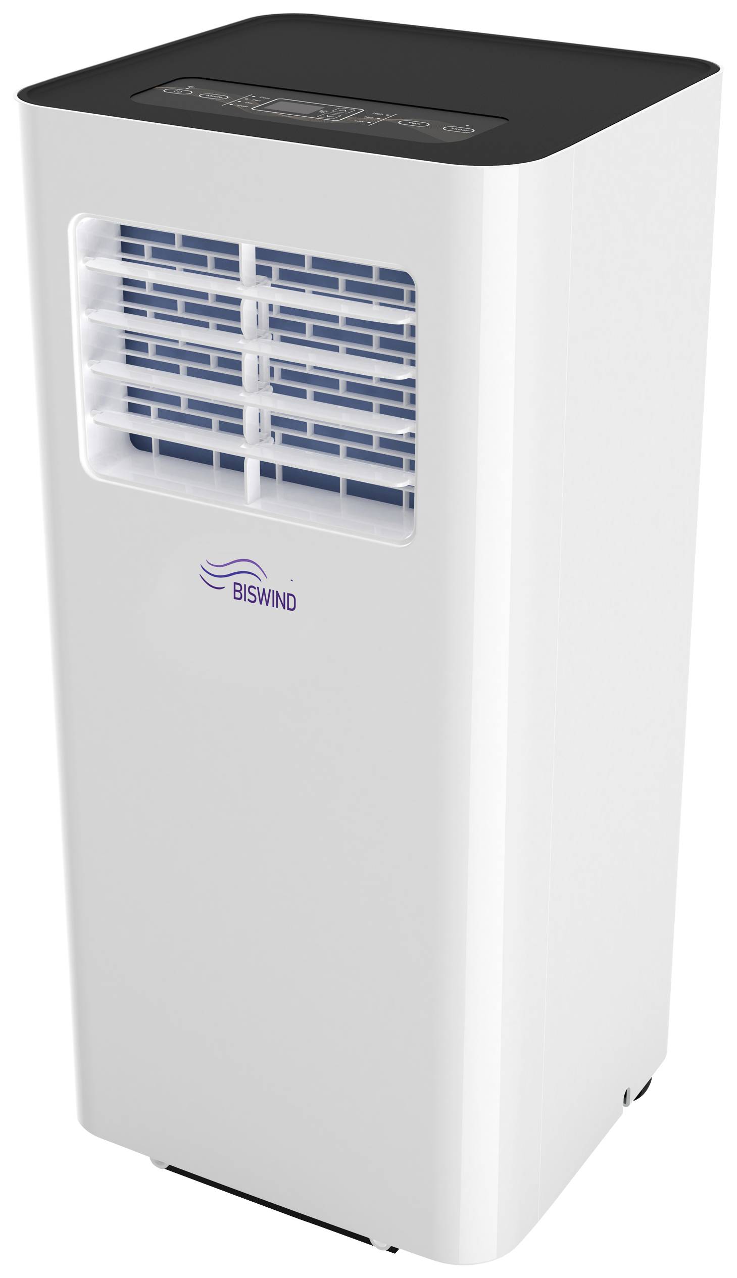 Portable air conditioning unit in white with ventilation slots on the front and control panel on top. Brand name 'BISWIND' printed.