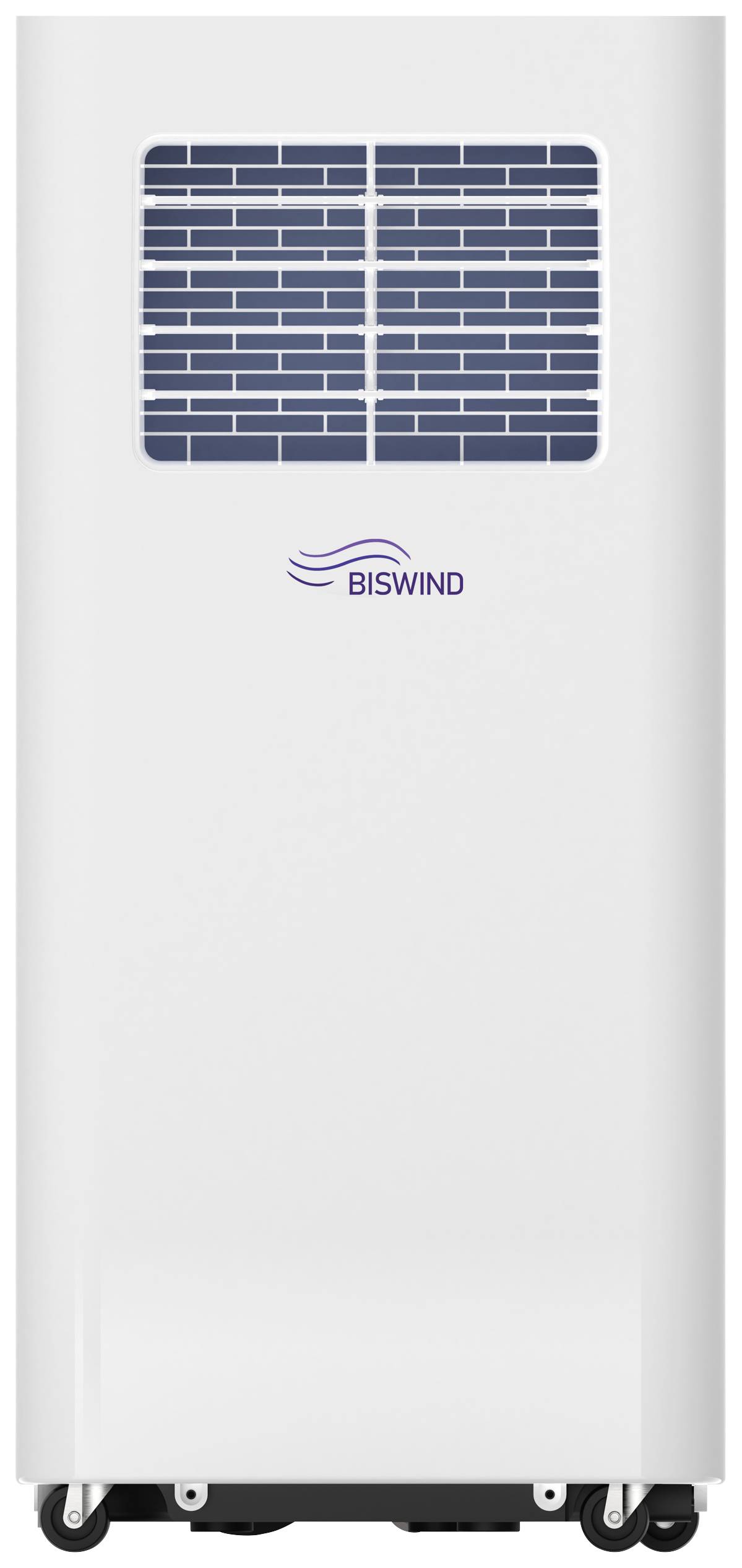 A white portable air cooler with a ventilation grille at the top and the 'BISWIND' logo. Mounted on wheels for easy movement.