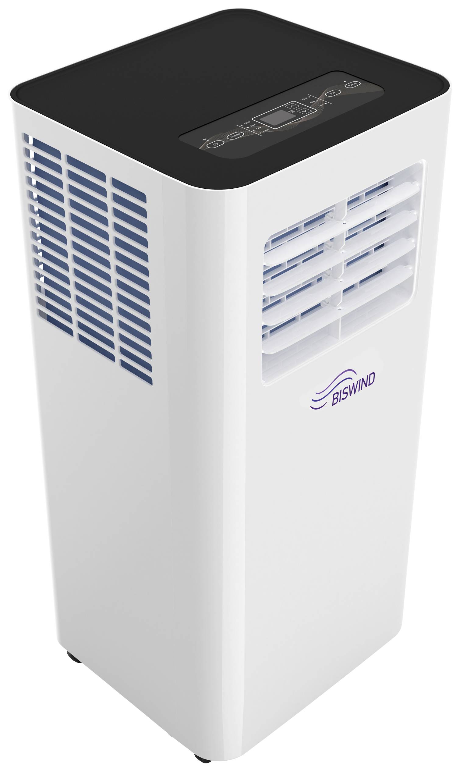 A portable air conditioning unit in a white casing with a digital display on top and ventilation slots on the front. Brand logo 'BISWIND'.