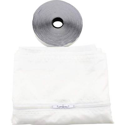 A white mosquito net with zipper lies folded in front of a large, rolled-up aluminum tape roll on a white background.