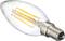 Teardrop-shaped light bulb with visible LED filaments and screw fitting.