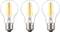 Three clear LED light bulbs with yellow filaments, evenly placed side by side. Each bulb displays the classic light bulb design.