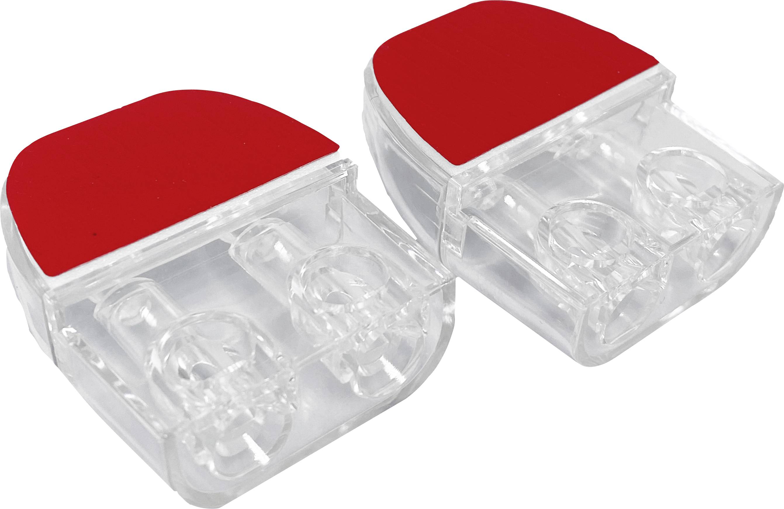 Two transparent plastic holders with a red bearing surface, most likely for attaching or securing objects to a surface.