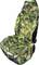Green car seat cover with camouflage pattern mounted on a black seat.