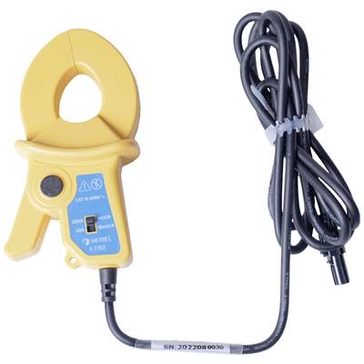A yellow current transformer with cable for measurements in electrical installations.