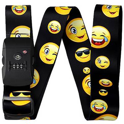 Luggage strap with a combination lock, printed with various emojis including laughing, winking, and wearing sunglasses.