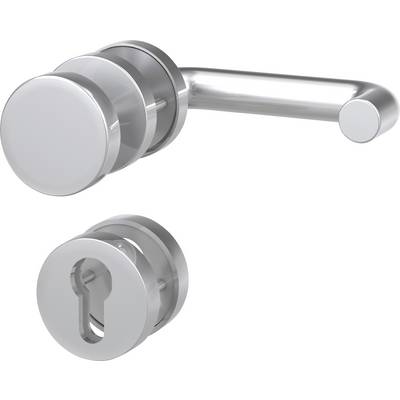 Door handle with round escutcheon and keyhole, silver-coloured, modern design.
