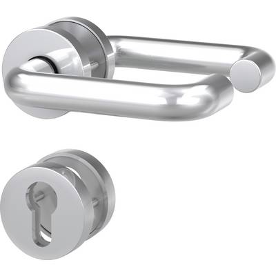 Silver door handle set and keyhole cover. Modern, minimalist style for doors in residential or commercial spaces.