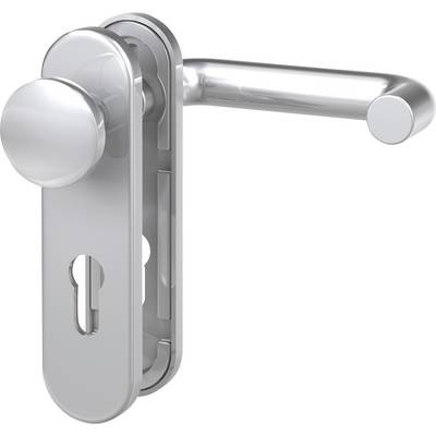 Silver door handle set with long backplate and integrated knob. The long backplate has an opening for a lock cylinder.