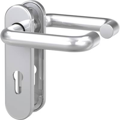 Silver-coloured door handle with an oval escutcheon and integrated keyhole. Suitable for interior doors, modern design.