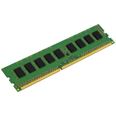 A green RAM module with multiple black memory chips and golden contact pins, used in computers for data storage.
