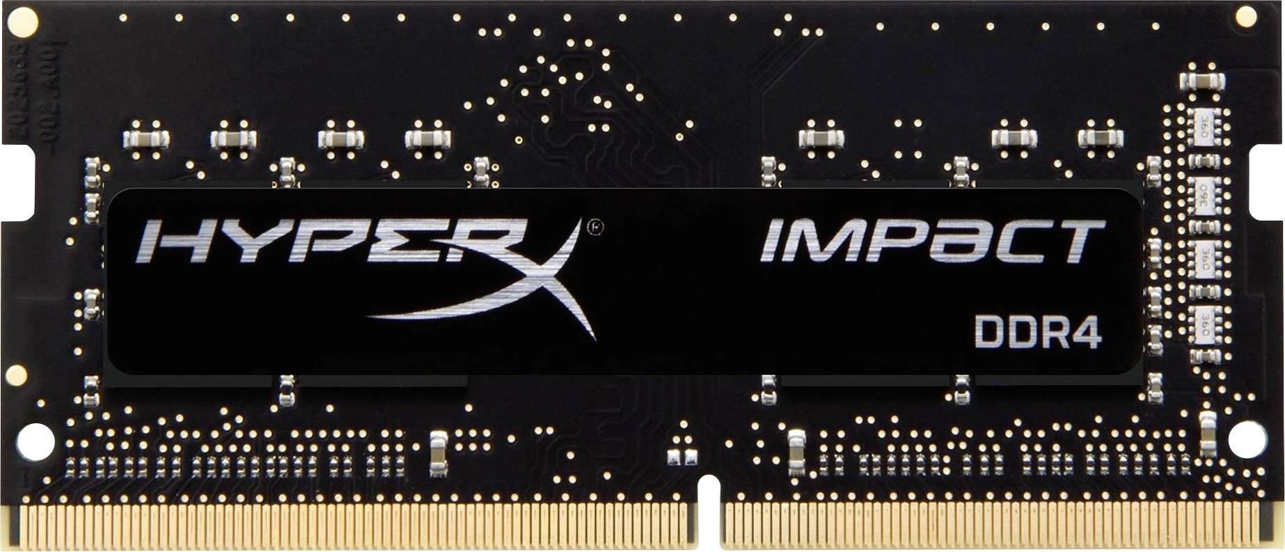 A DDR4 RAM card with the label 'HyperX Impact'. The main colour is black with golden contact pins along the bottom edge.