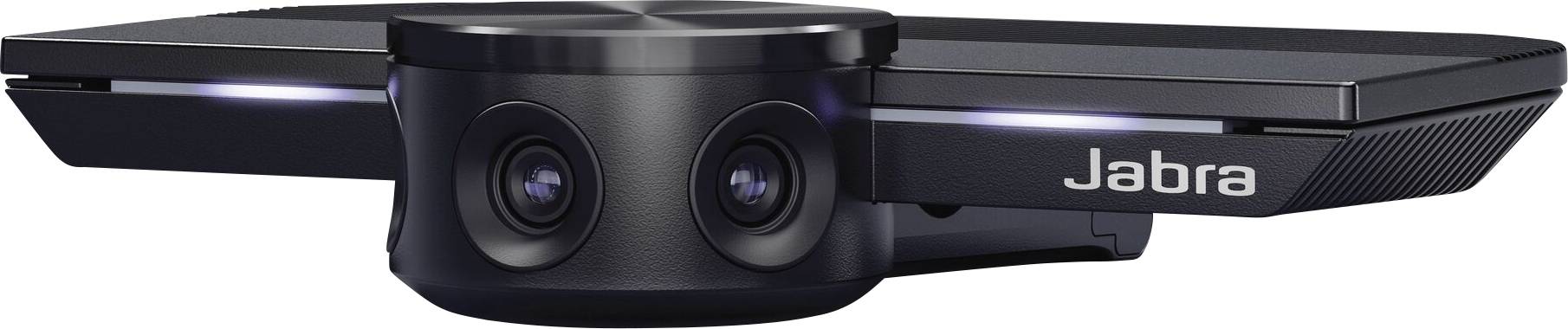 A black Jabra video conferencing camera with two lenses. It is sleek and modern in design, perfect for professional meetings.