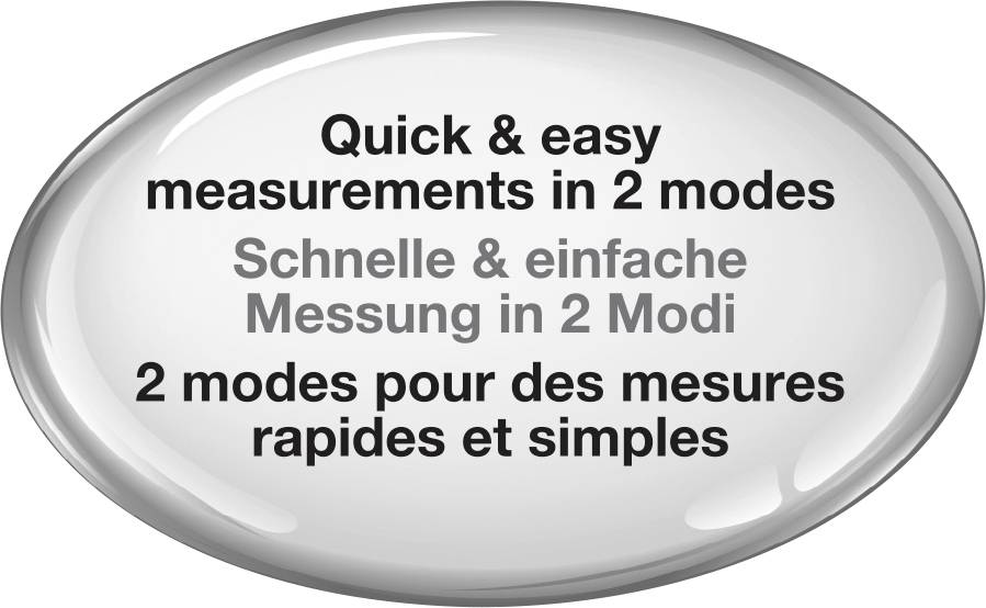 'Oval button with trilingual text: Quick & simple measurement in 2 modes.'