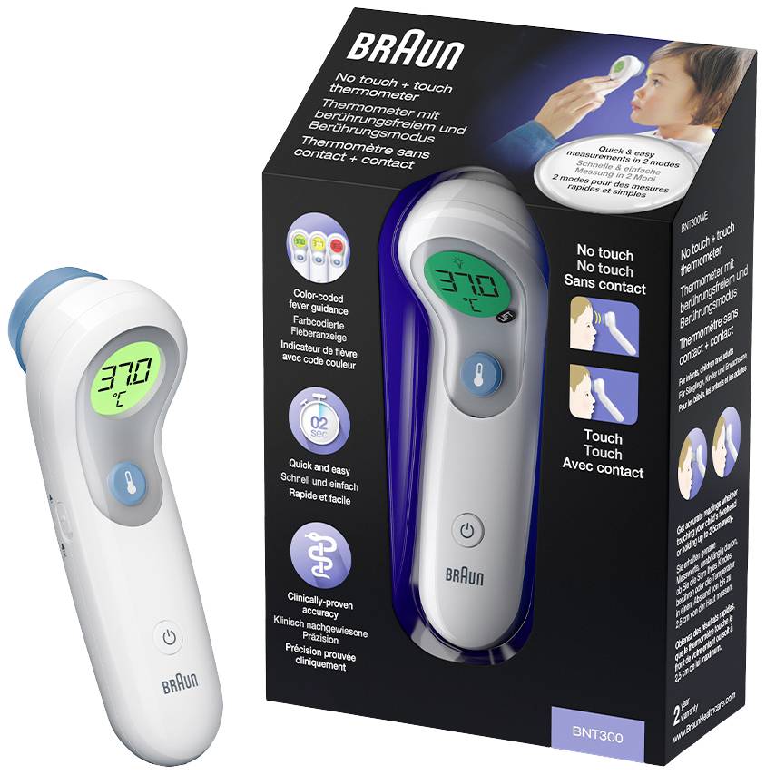 Non-contact and contact-based thermometer by Braun, Model BNT300. Packaging image shows measurement on forehead with green display reading 37.0°C.