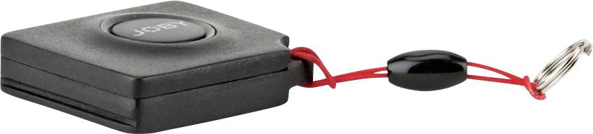 A square, black device with rounded edges, featuring a central button labelled 'Joby', is hanging from a red lanyard with a keyring.