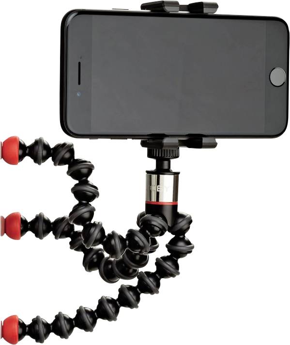 Smartphone mounted in a flexible tripod. The tripod has bendy legs with red tips that enable versatile positioning.