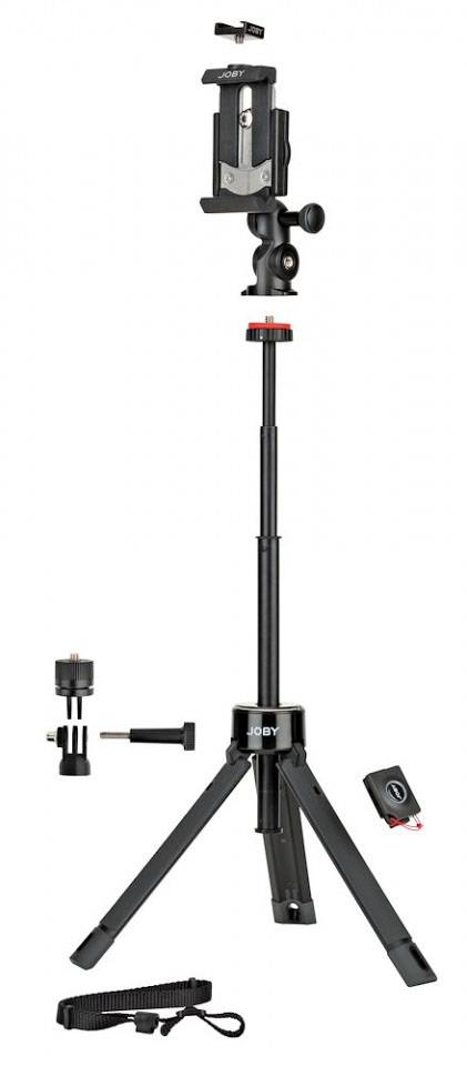 Smartphone tripod with adjustable mounting bracket, supporting legs, and accessories including a detachable remote shutter. Suitable for photography.