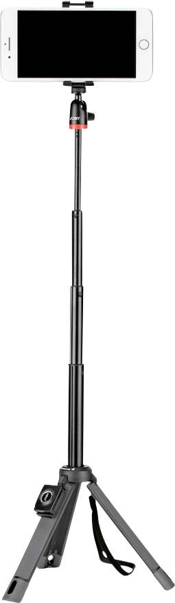 A smartphone on an extendable tripod with three legs. It is positioned at eye level, possibly for photography or video recording.