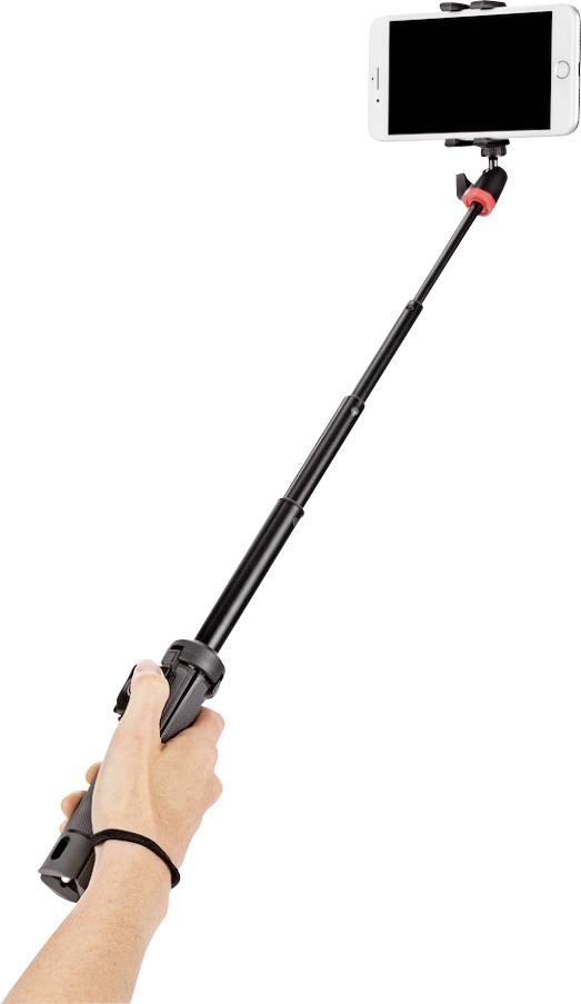 A hand is holding an extended selfie stick with a smartphone, ready to take photos.