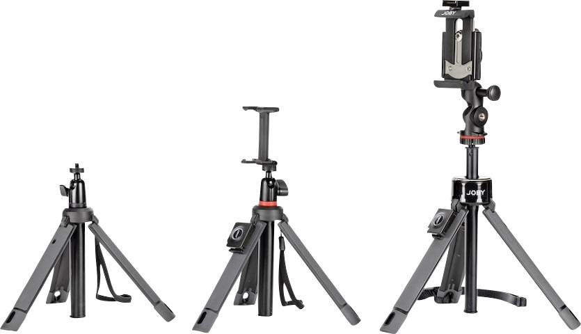 'Three black tripods at different height levels. On the left, low, in the middle, medium height, on the right, extended with a mobile phone holder.'