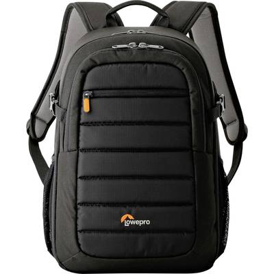 A black, padded rucksack with multiple compartments and a zip. 'Lowepro' is written in small lettering on the front.