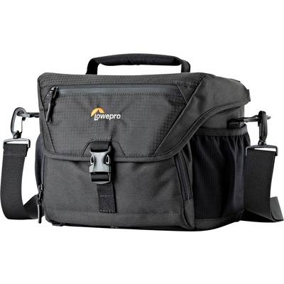 Black camera bag by Lowepro with carry handle, adjustable shoulder strap and multiple zippered compartments.