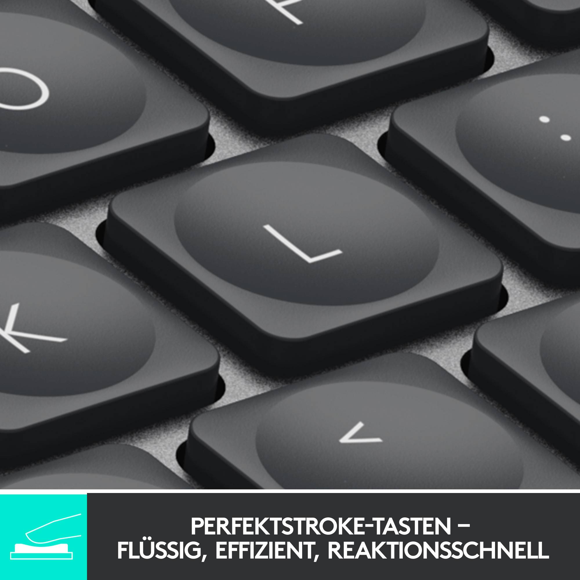 Keyboard detail with a highlighted key. Text below reads: 'Perfectstroke Keys – smooth, efficient, responsive'.