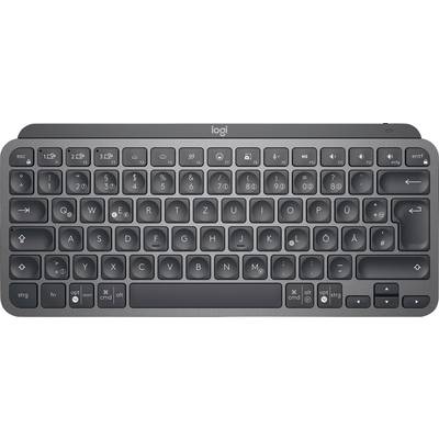 Black wireless computer keyboard with QWERTZ layout and special keys, including media keys and brightness control.