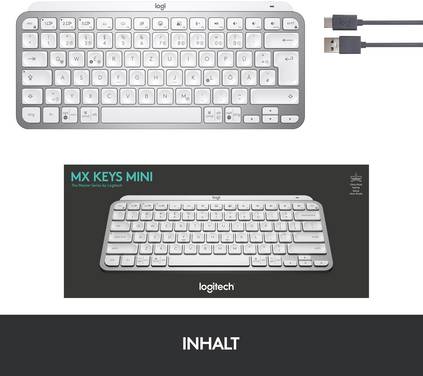 Logitech MX Keys Mini Bluetooth® Keyboard German, QWERTZ Grey Backlit, Quiet keypad, Multipair function, Rechargeable