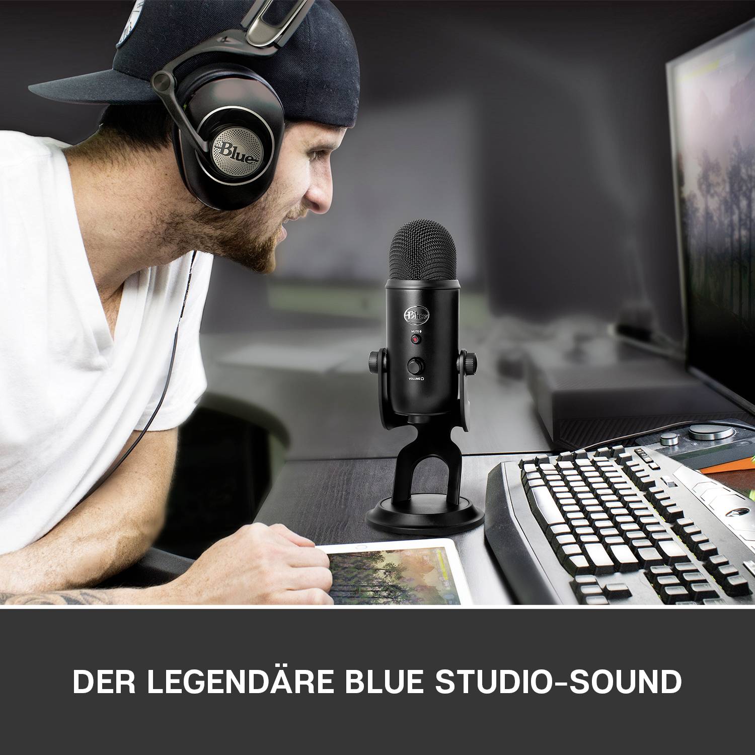 A man wearing headphones sits at a table with a microphone and computer, working in the studio. Text: 'The legendary Blue Studio Sound'.