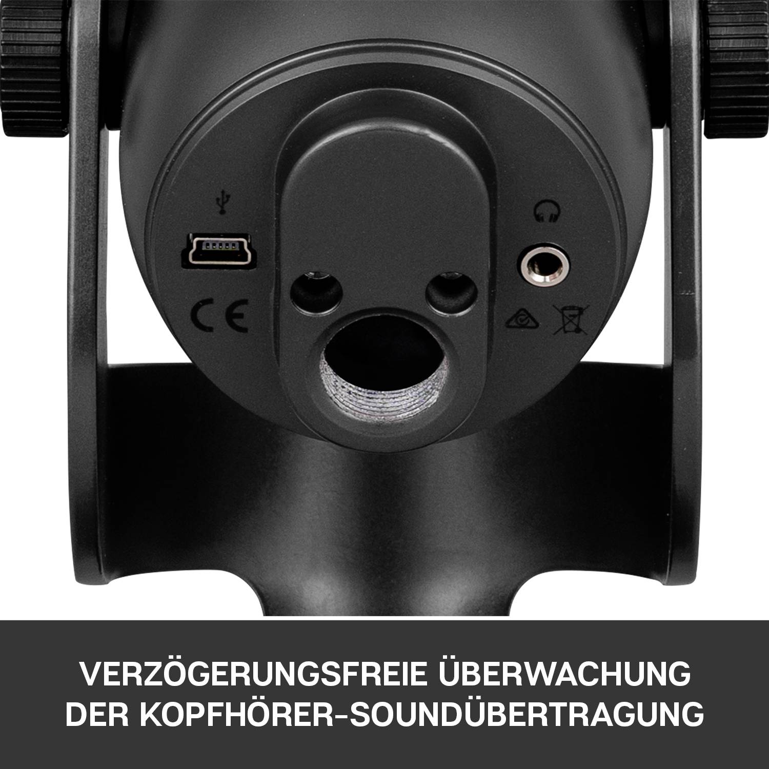 Microphone with front view, showing connections and controls. Text underneath: 'Zero-latency monitoring of headphone sound transmission'.