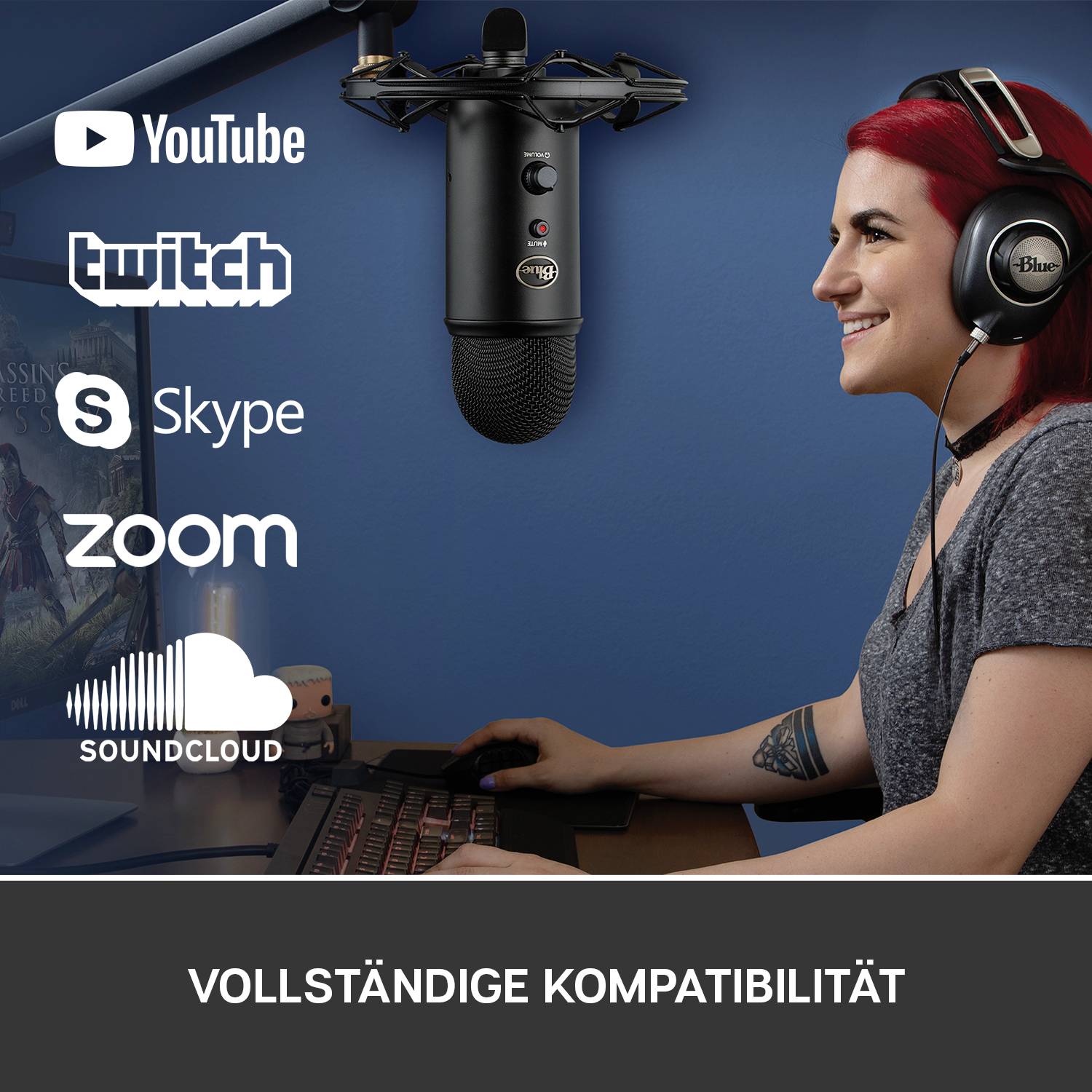 Woman with red hair using a microphone and headphones. Logos of YouTube, Skype, Zoom and SoundCloud indicate compatibility.