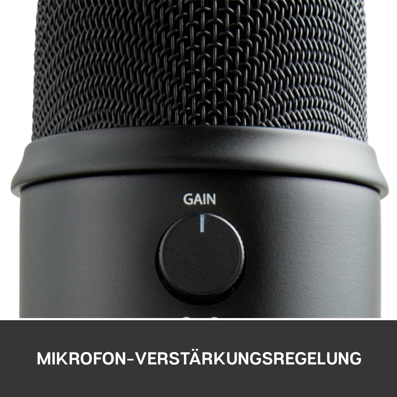 A microphone with a gain control dial on the front. Below it, in white text, 'MICROPHONE GAIN CONTROL'.