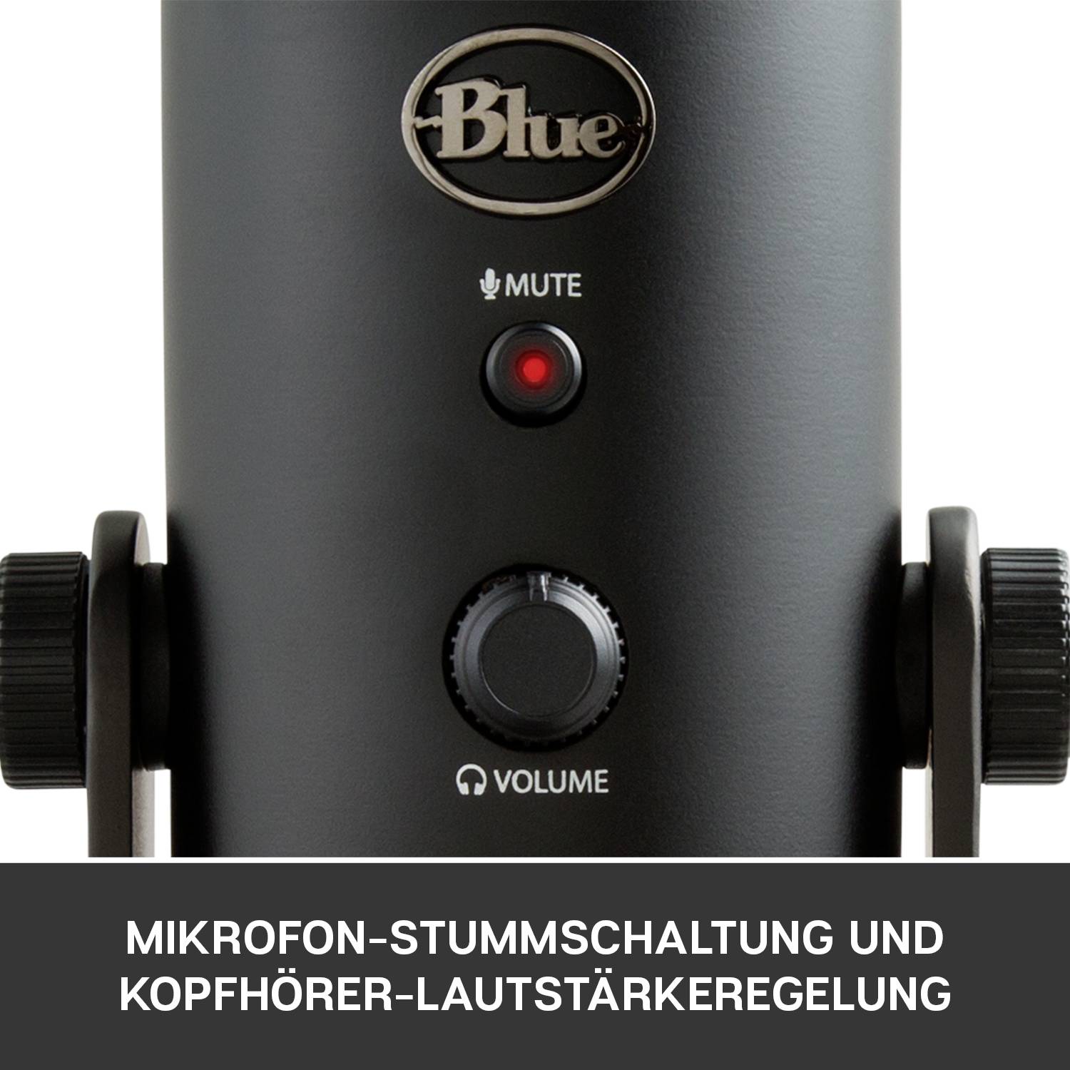 Black microphone with mute button and volume control; Text below: 'Microphone mute and headphone volume control'.