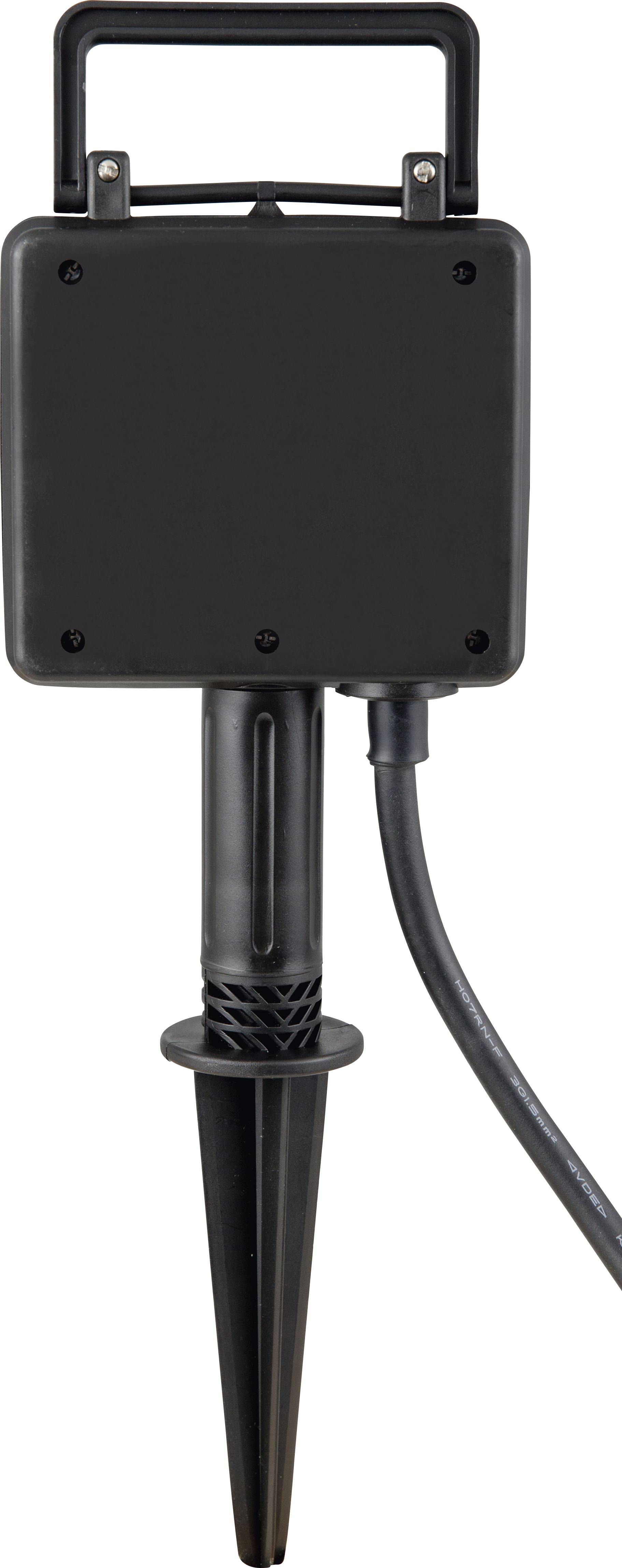 A black device with a square housing and handle, with a ground stake and cable connection underneath. Suitable for outdoor use.