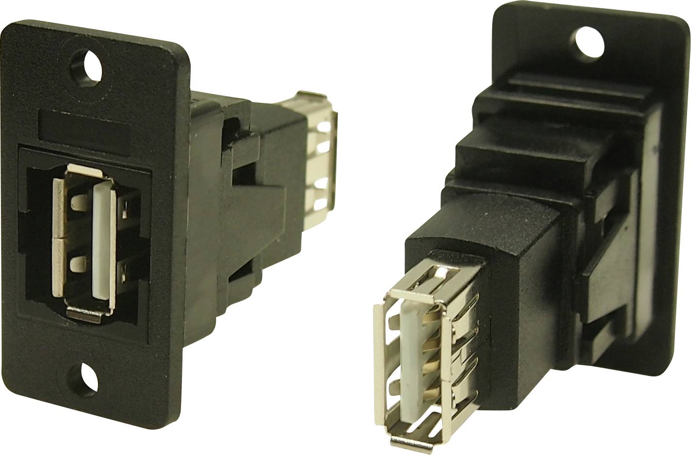 Two black USB socket adapters in a slightly angled perspective. They have square mounting plates with a central USB connection.