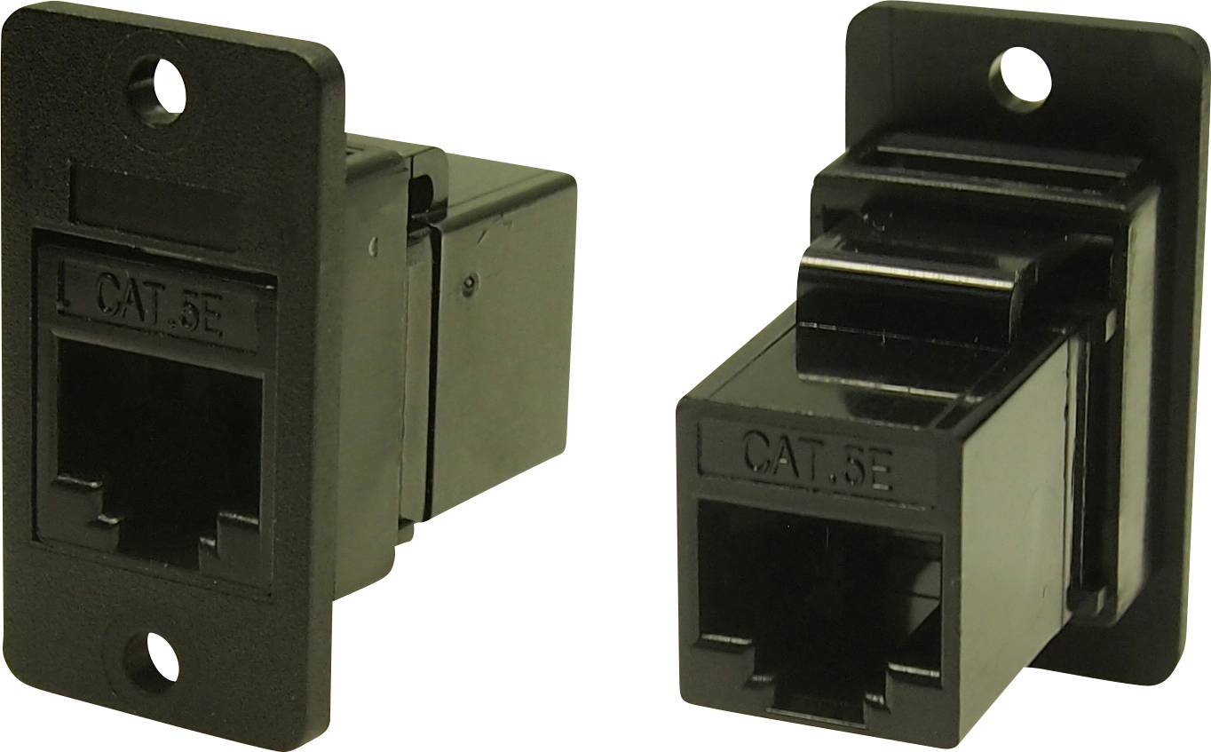 Two black CAT.5e network sockets, one shown from the front and one from the side. They feature mounting holes for securing the sockets.