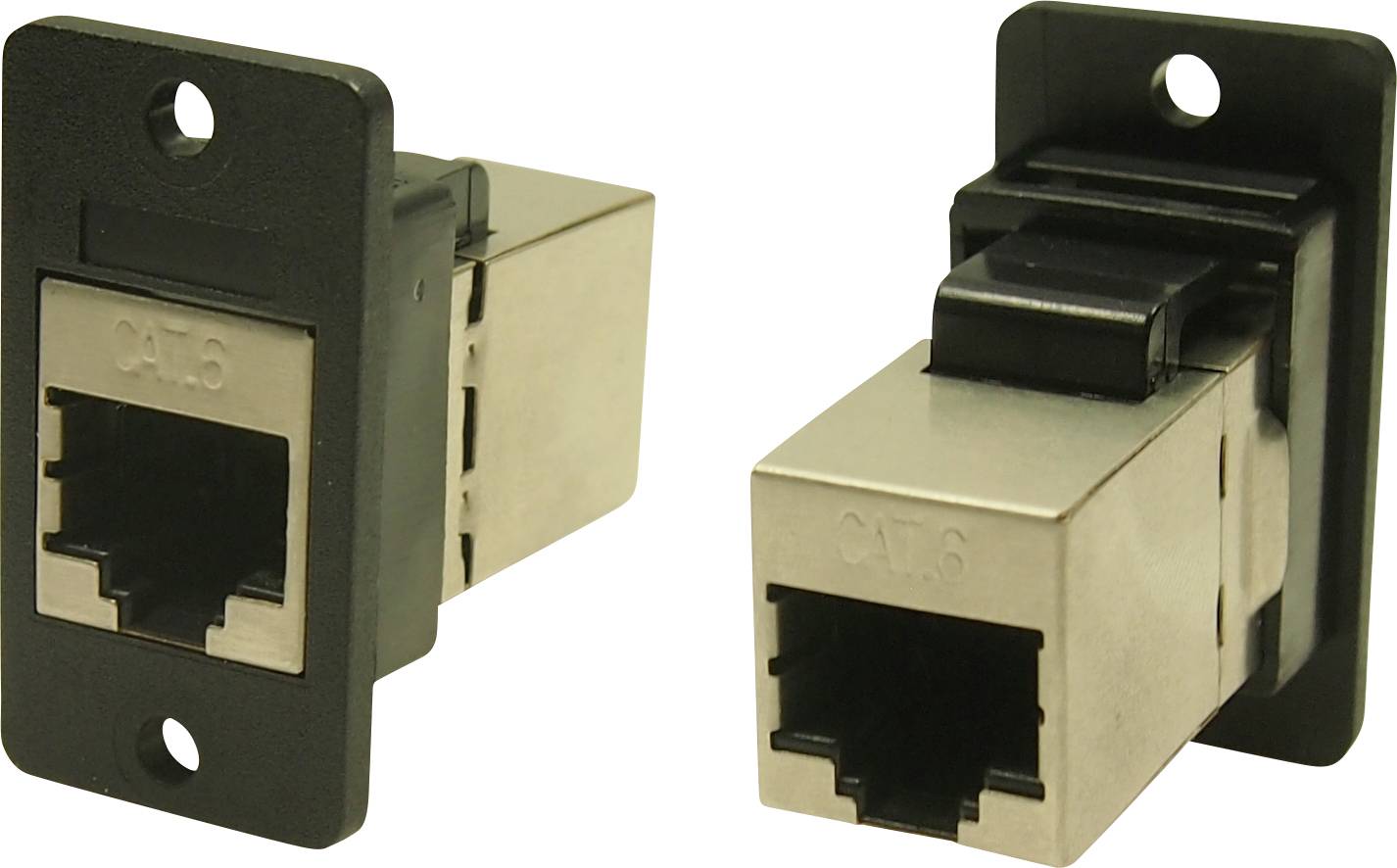 Two black RJ45 sockets in a metal enclosure, one front-facing and one side-mounted, suitable for wall mounting.