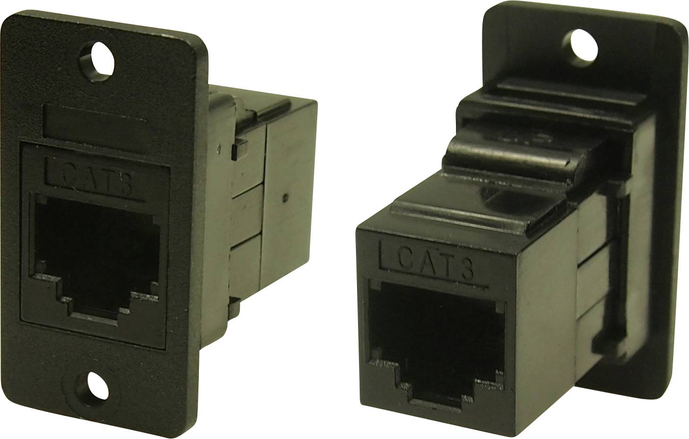 Two black CAT3 wall sockets for network cables, with rectangular shape and mounting holes, for network installation.