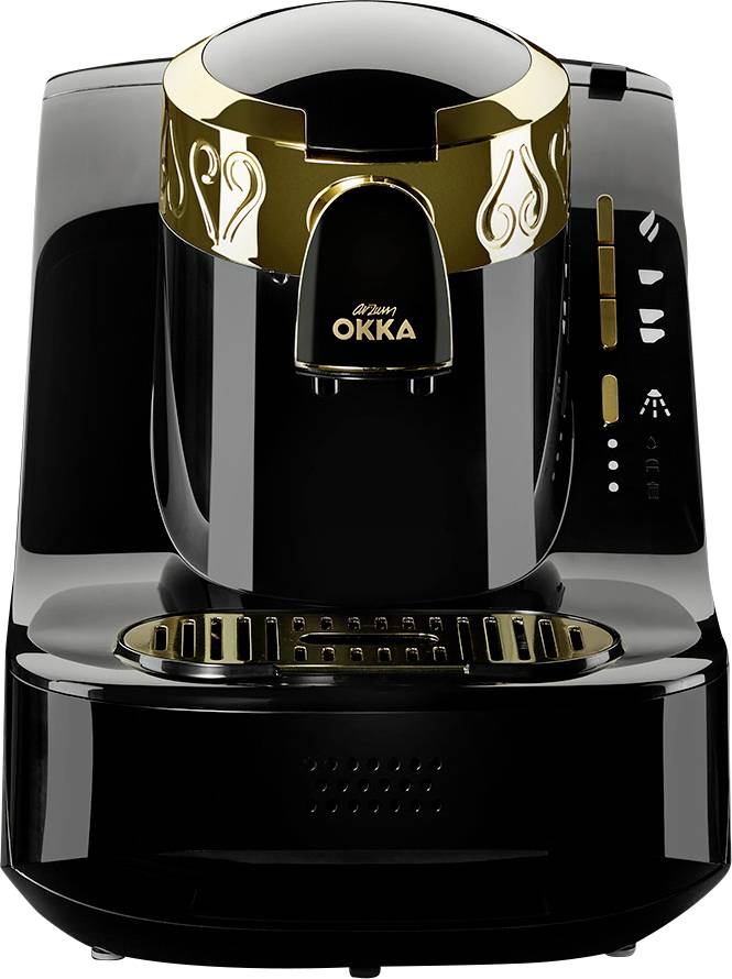 Black coffee machine with golden details, brand name 'OKKA' on the front, with buttons and cup tray.