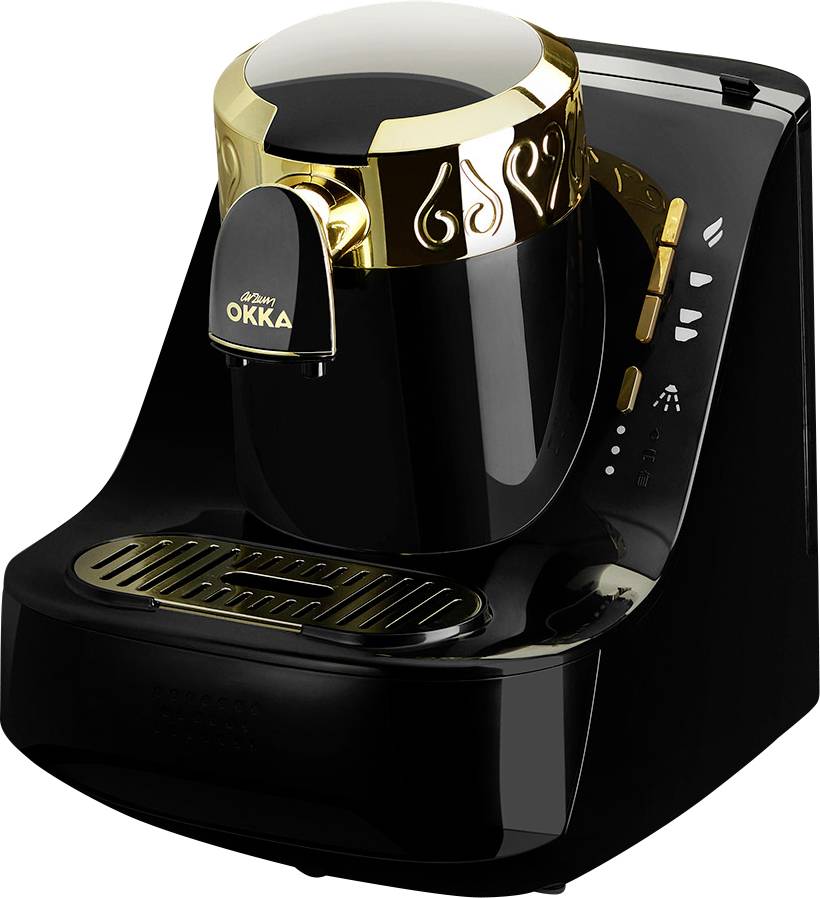 Black and gold coffee machine with an elegant design and multiple buttons. Suitable for preparing Turkish coffee.
